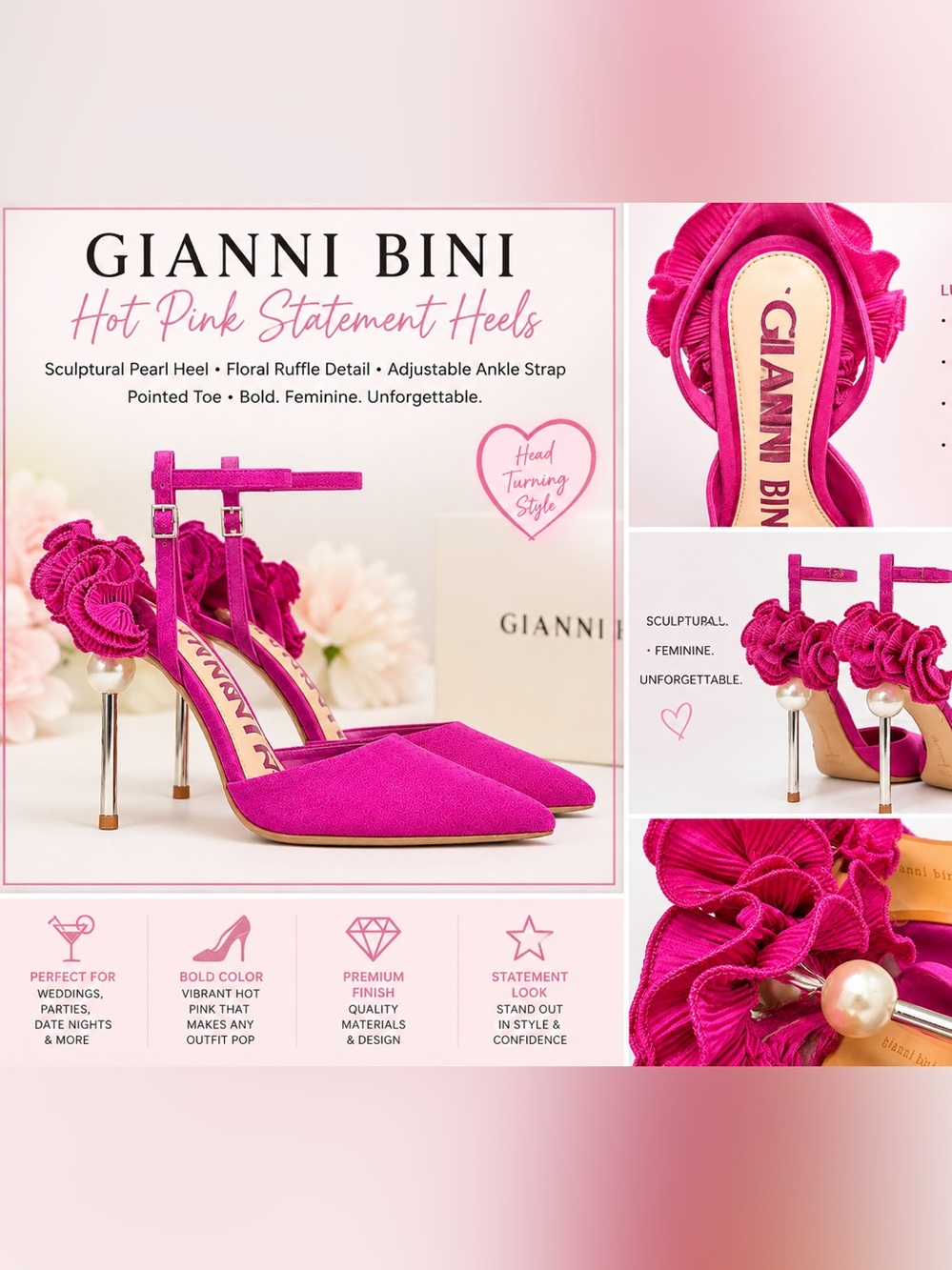 Gianni Bini  Pink Ruffled & Sculptured Pearl Heel Ankle-Strap Stilettos Size 9